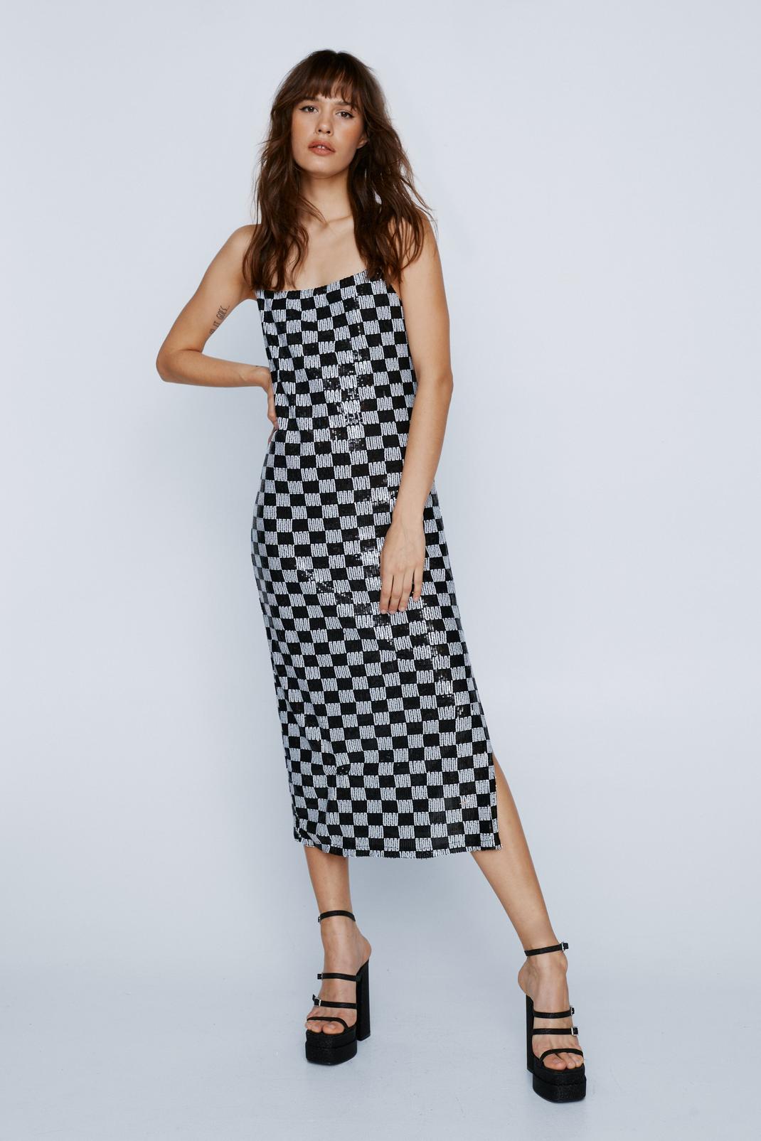 Black Sequin Checkerboard Midi Slip Dress image number 1