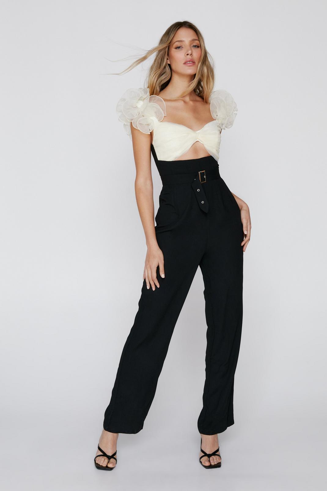 Black Organza Ruffle Belted Jumpsuit image number 1