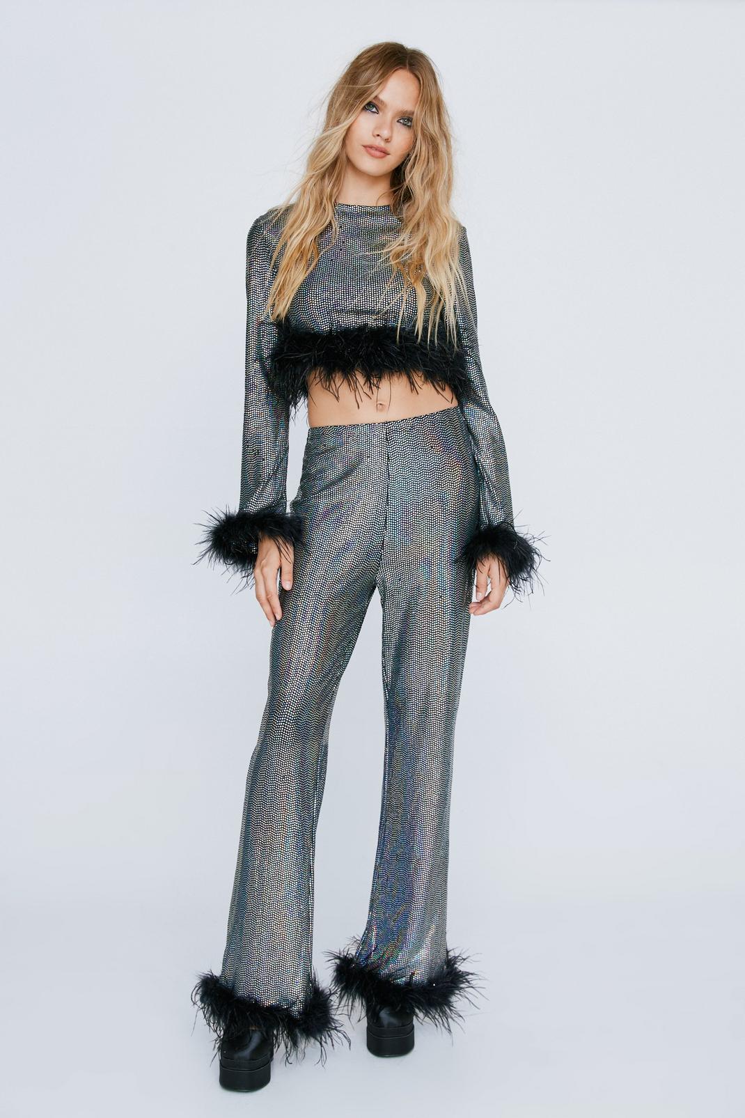Black Feather Hem Sequin Flare Trousers image number 1