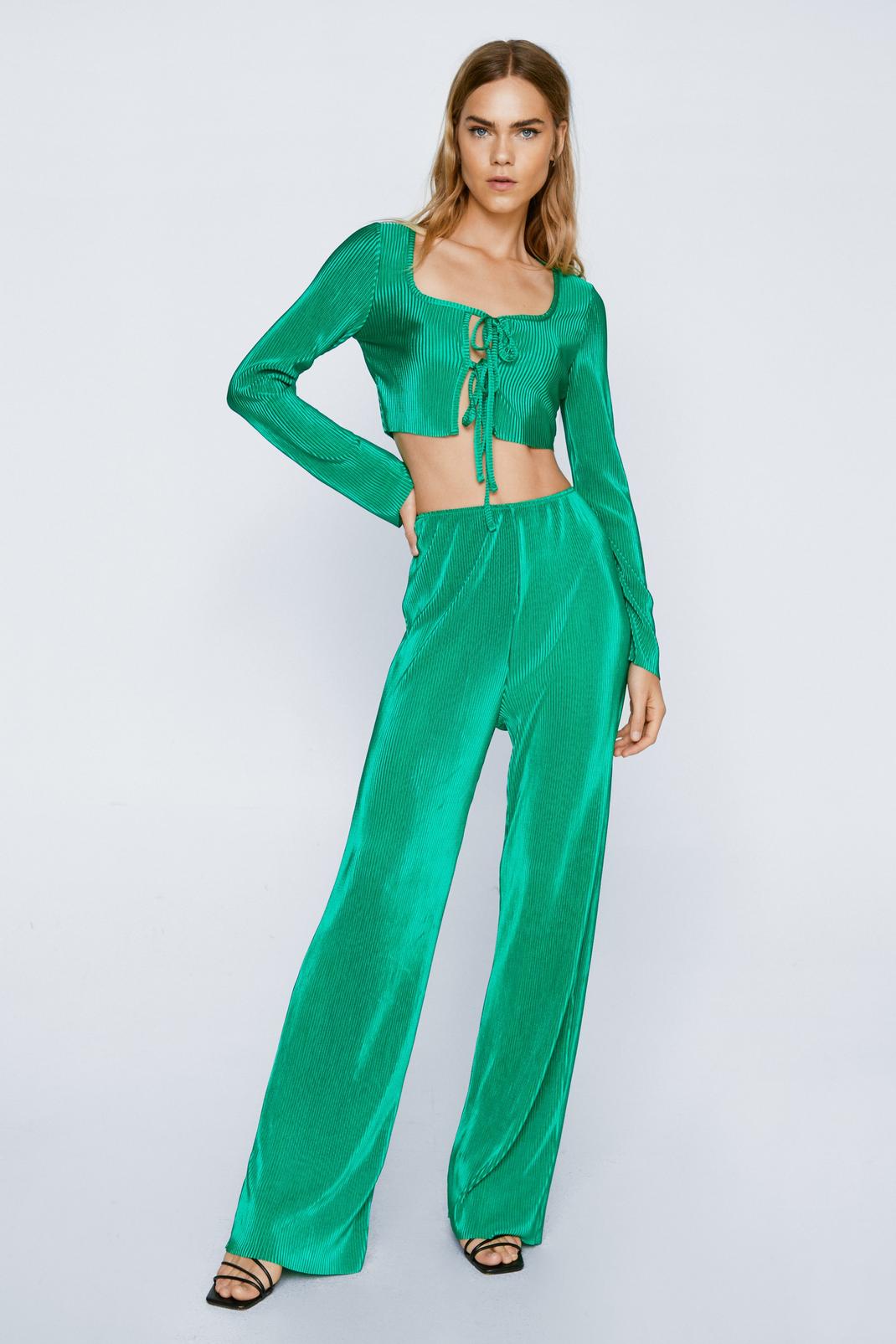 Green Plisse High Waisted Wide Leg Trousers image number 1