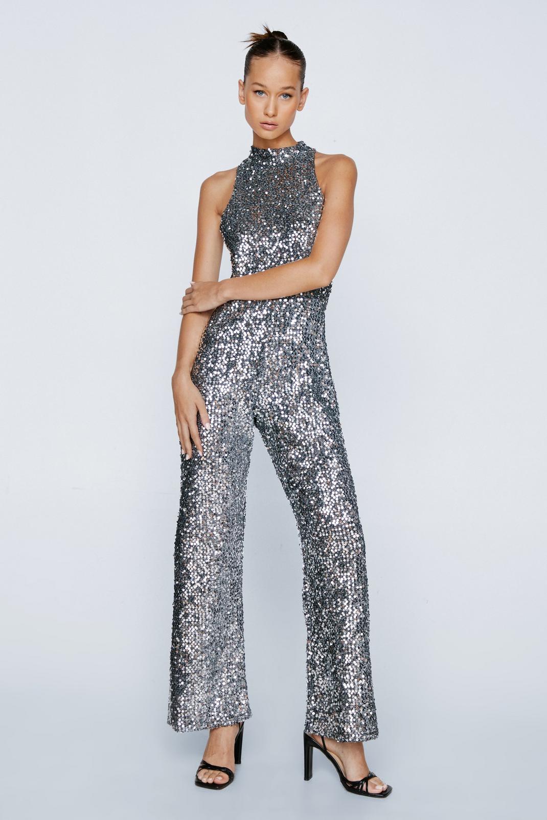 Petite Silver High Neck Sequin Jumpsuit  image number 1