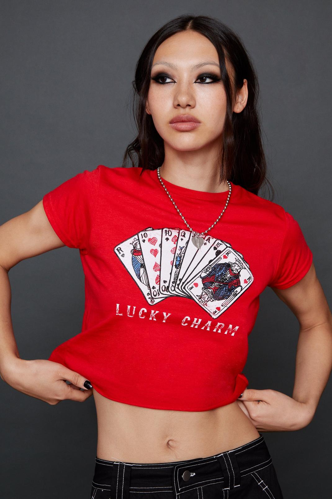 T-shirt court moulant délavé imprimé Lucky Charm, Red image number 1