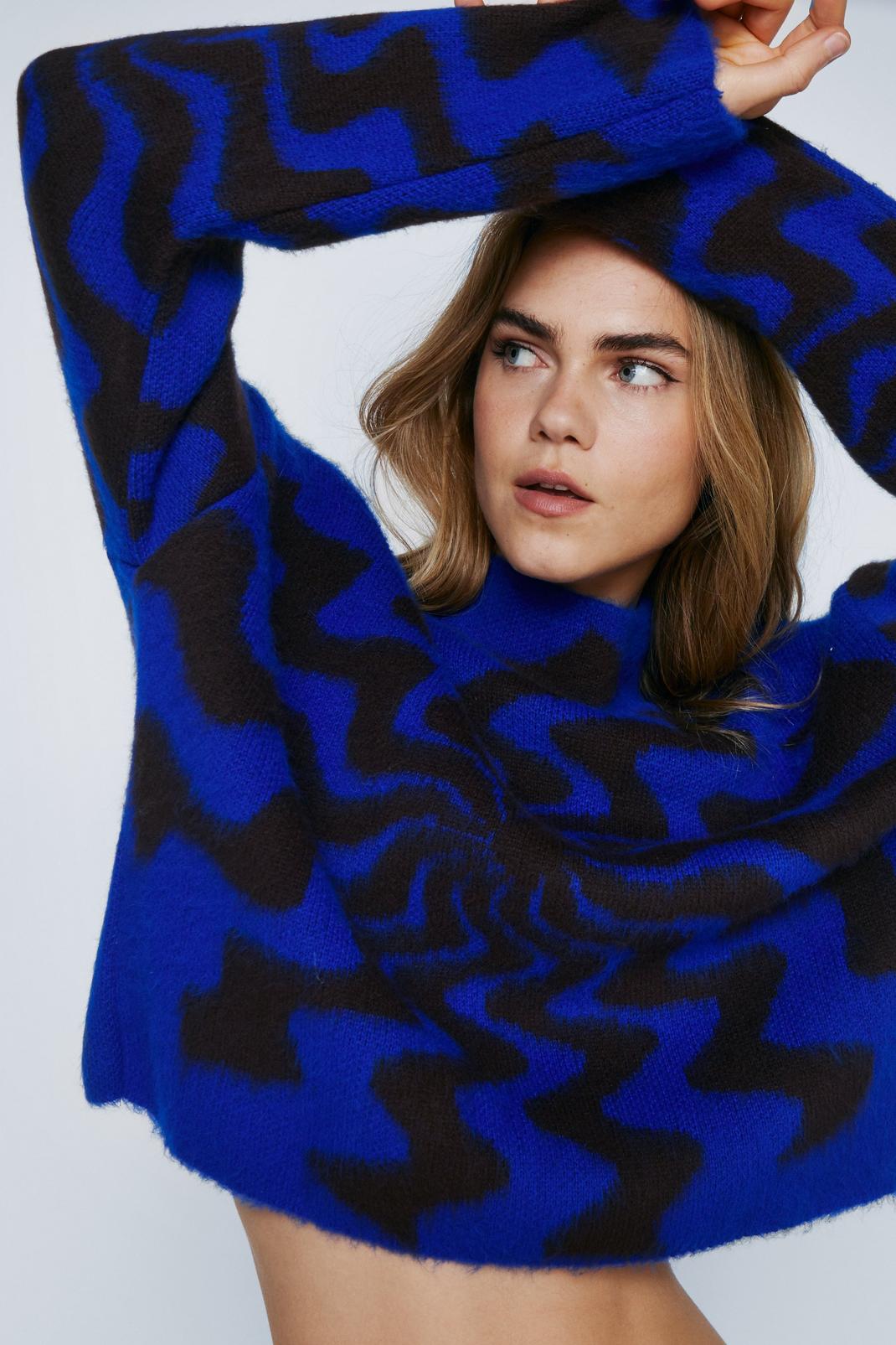 Blue Swirl Pattern Brushed Knit Sweater image number 1