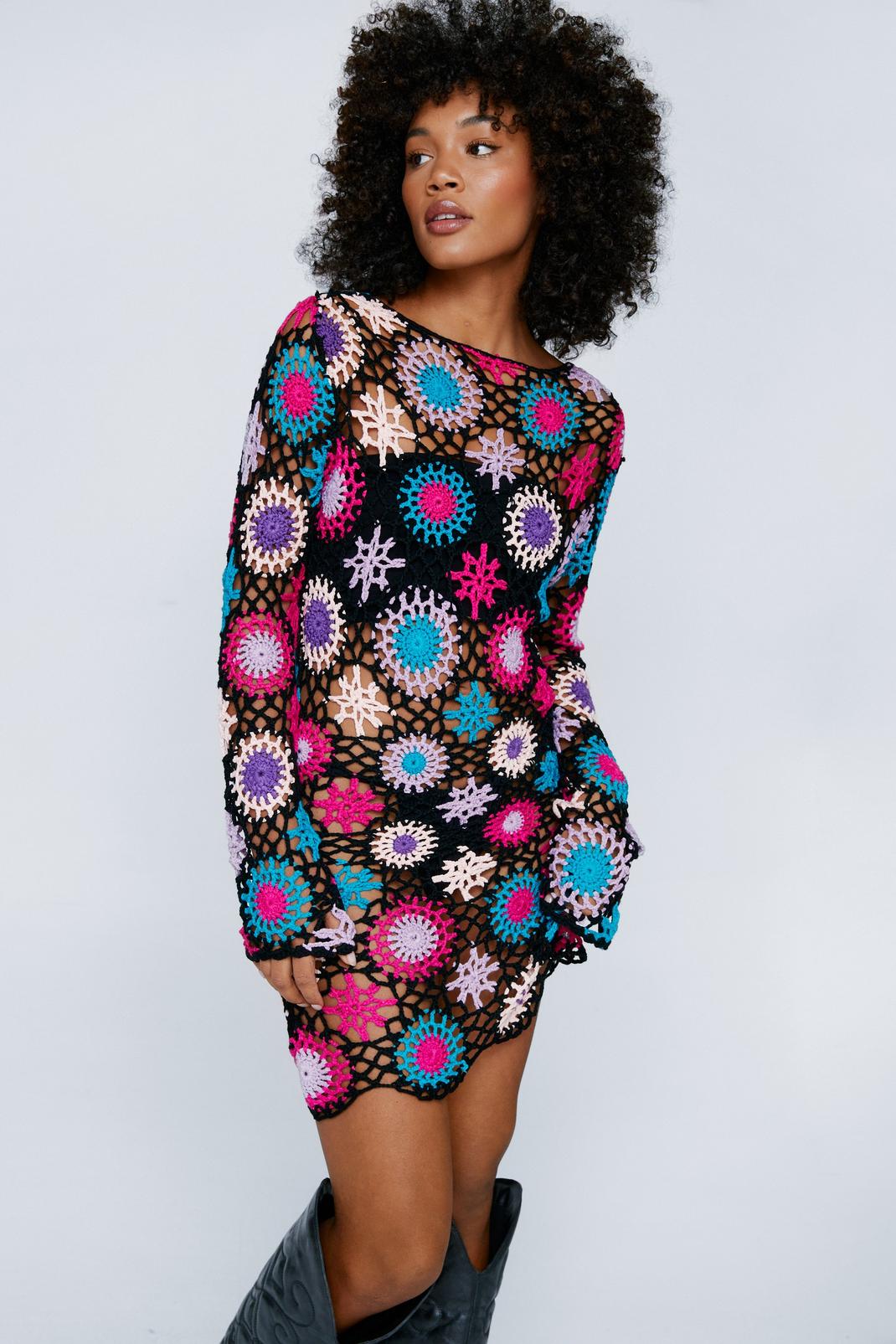 Mini robe en crochet fleuri, Black image number 1