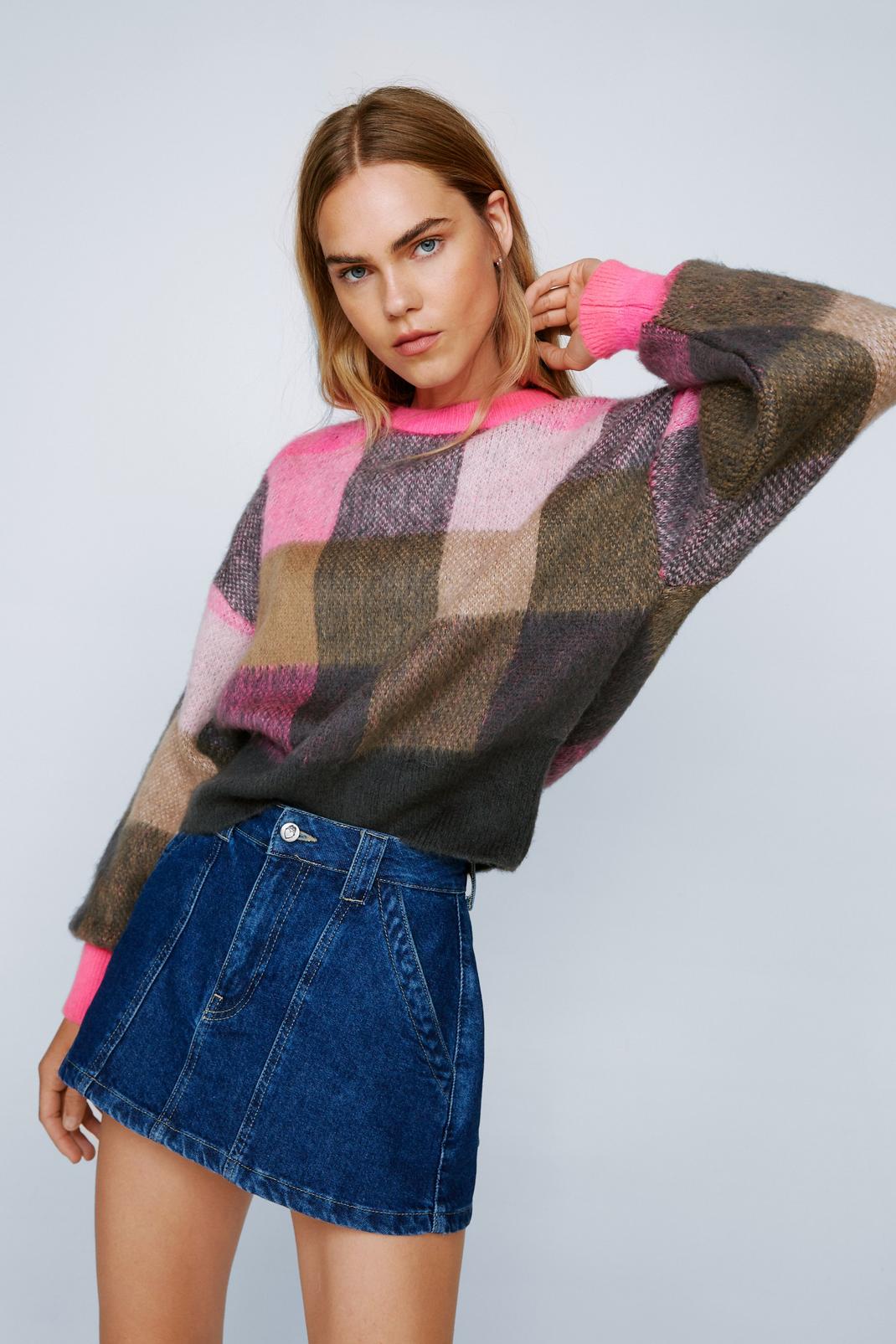 Pink Brushed Knit Check Print Sweater image number 1