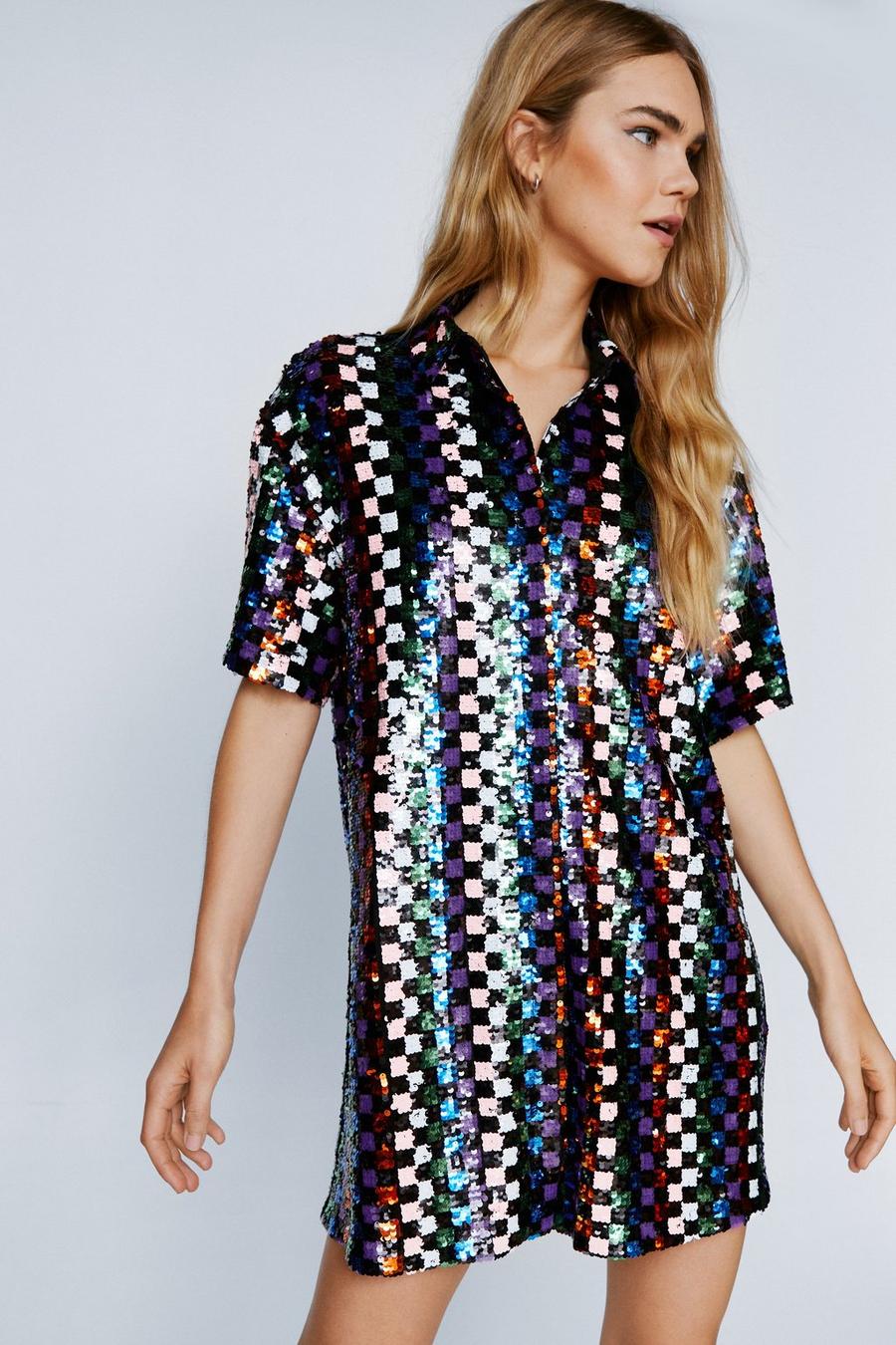 Sequin Checkerboard Mini Shirt Dress