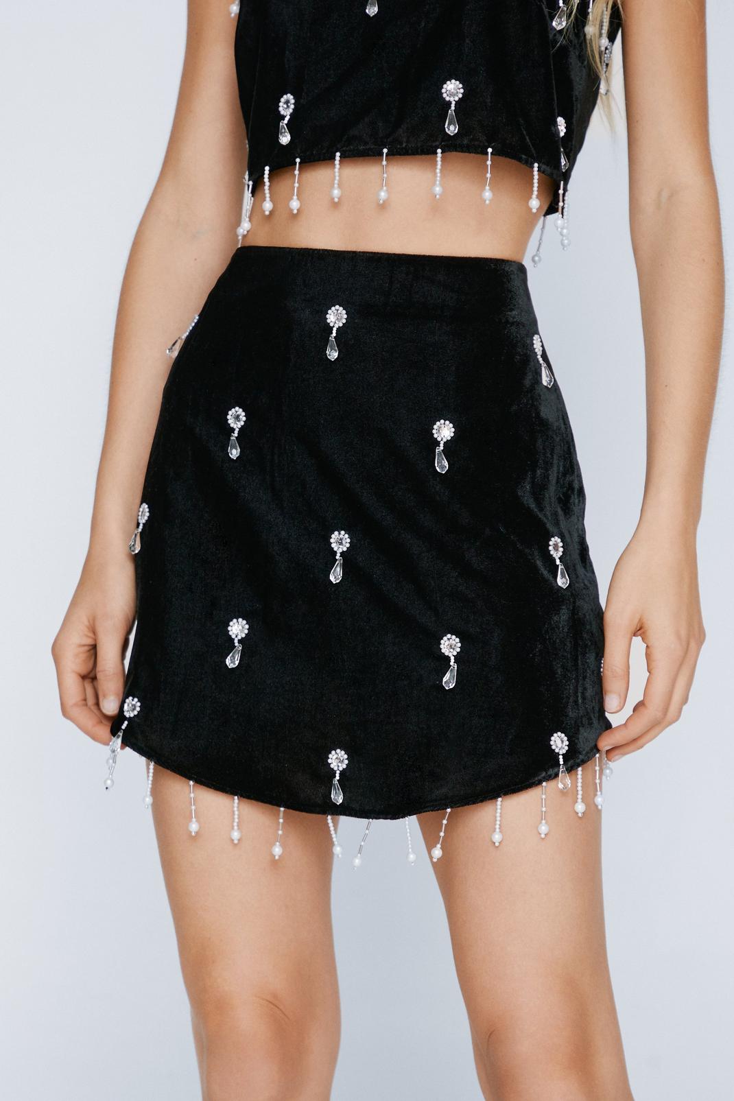 Black Velvet Diamante Tassel Cut Out Mini Skirt image number 1