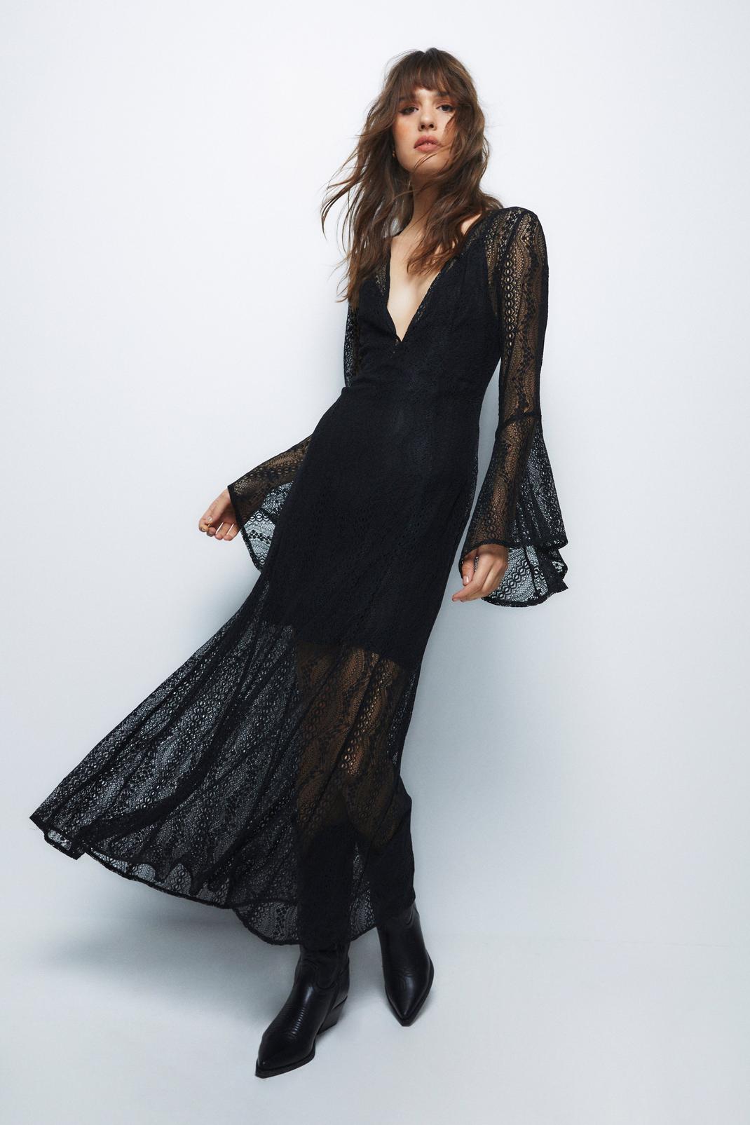 Black Lace Plunge Maxi Dress image number 1