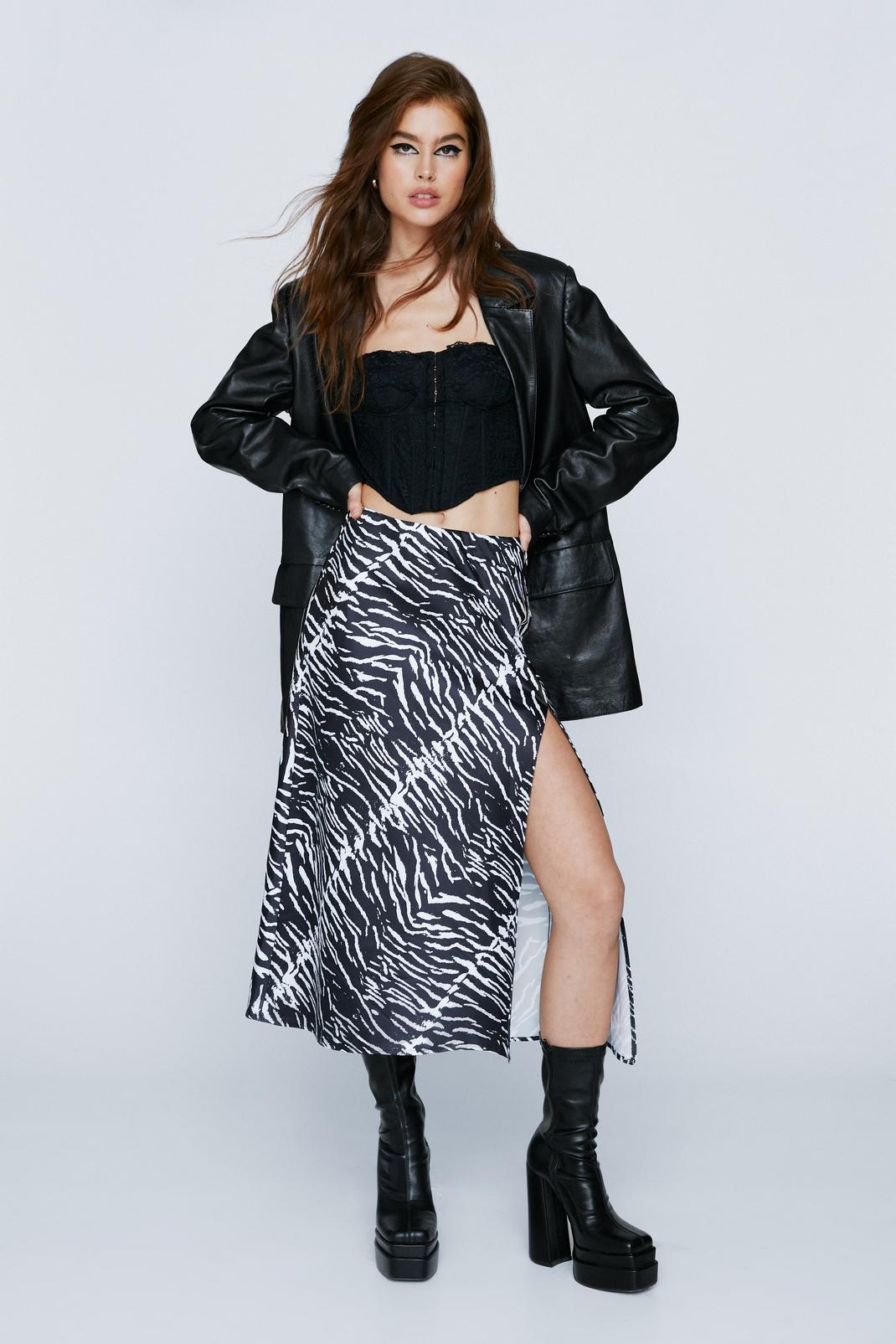 Black Zebra Print Split Satin Midi Skirt image number 1