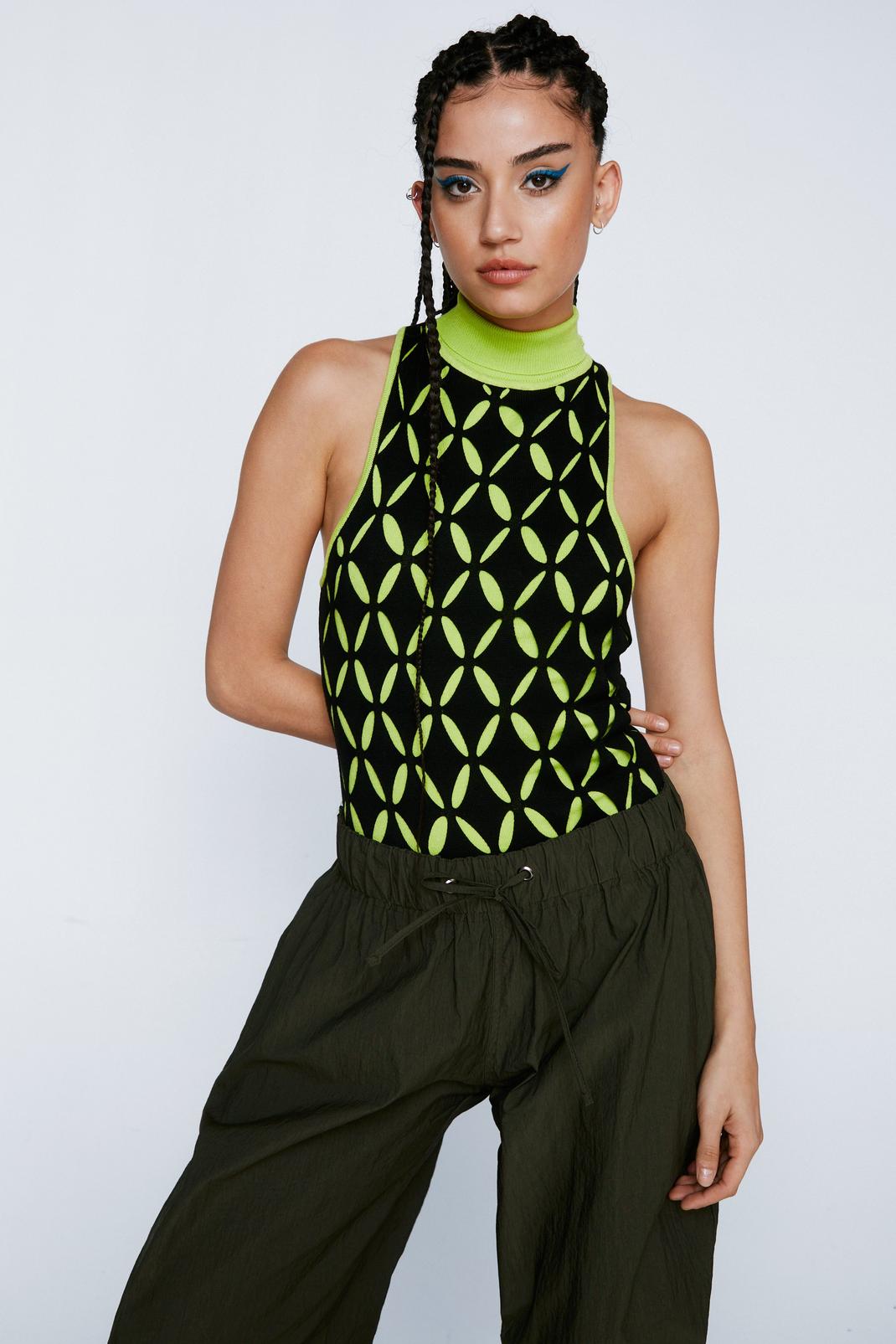Lime Knitted Cut Out Bodysuit image number 1