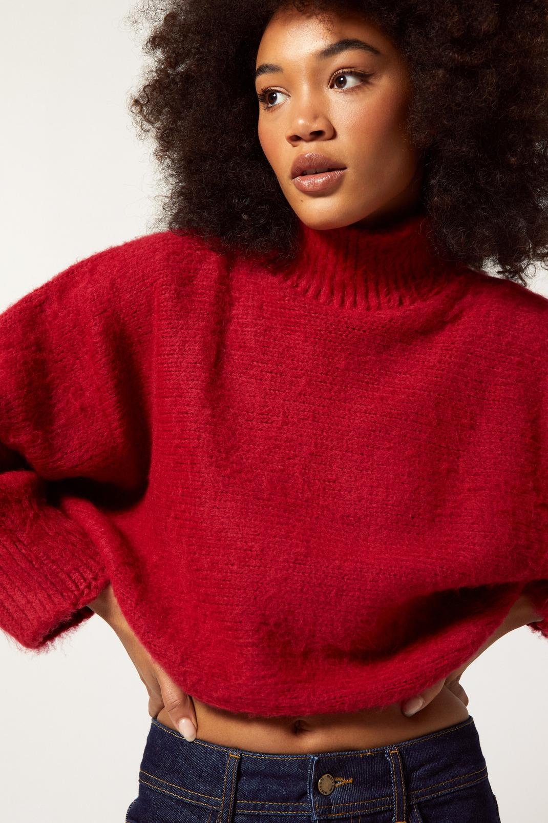 Red Brushed High Neck Cropped Knitted Sweater image number 1