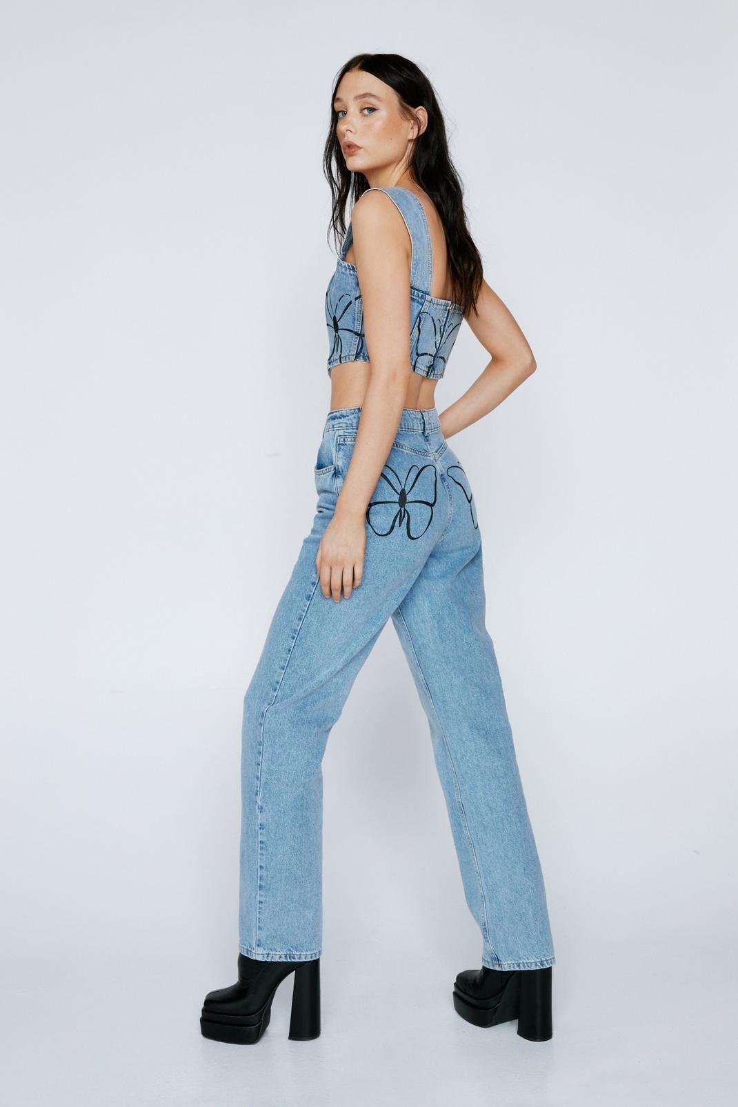 Light blue Printed Butterfly Straight Leg Denim Jeans image number 1