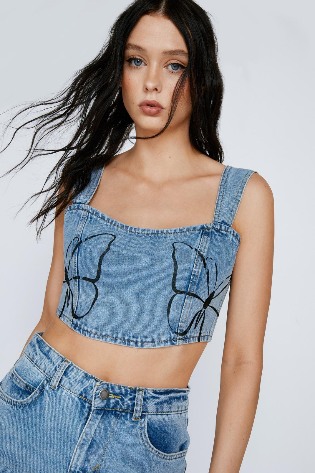 Light blue Printed Butterfly Placement Denim Corset Top image number 1