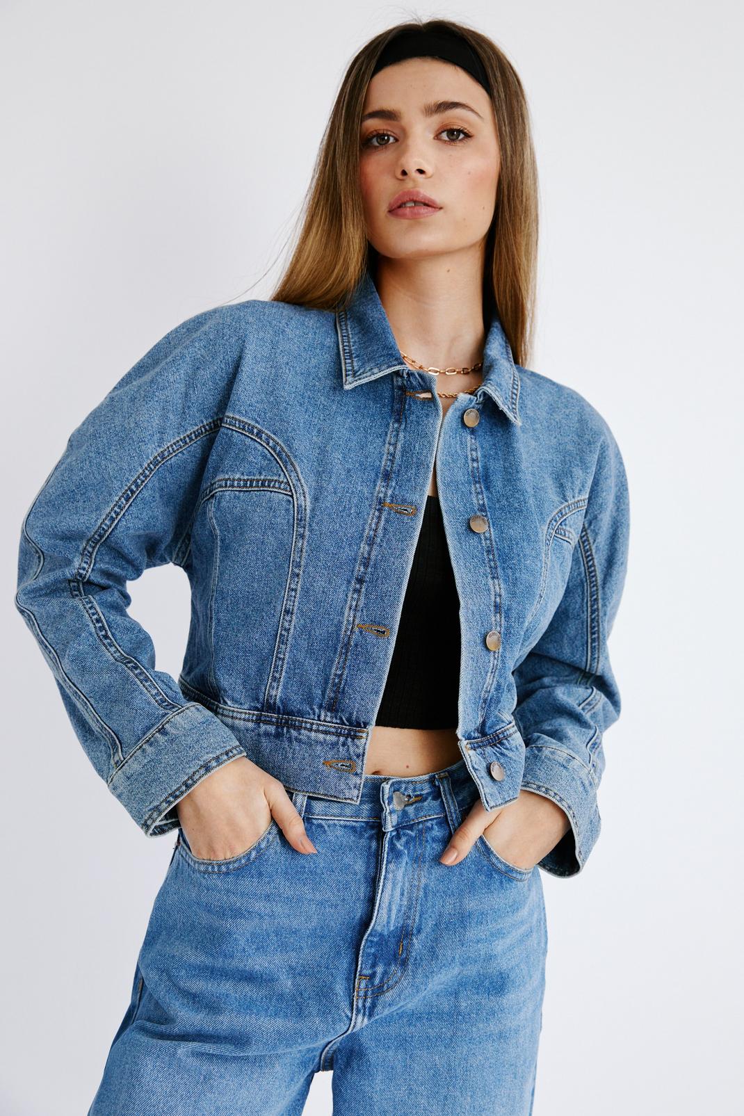 Mid blue Authentic Seam Detail Cropped Denim Jacket image number 1