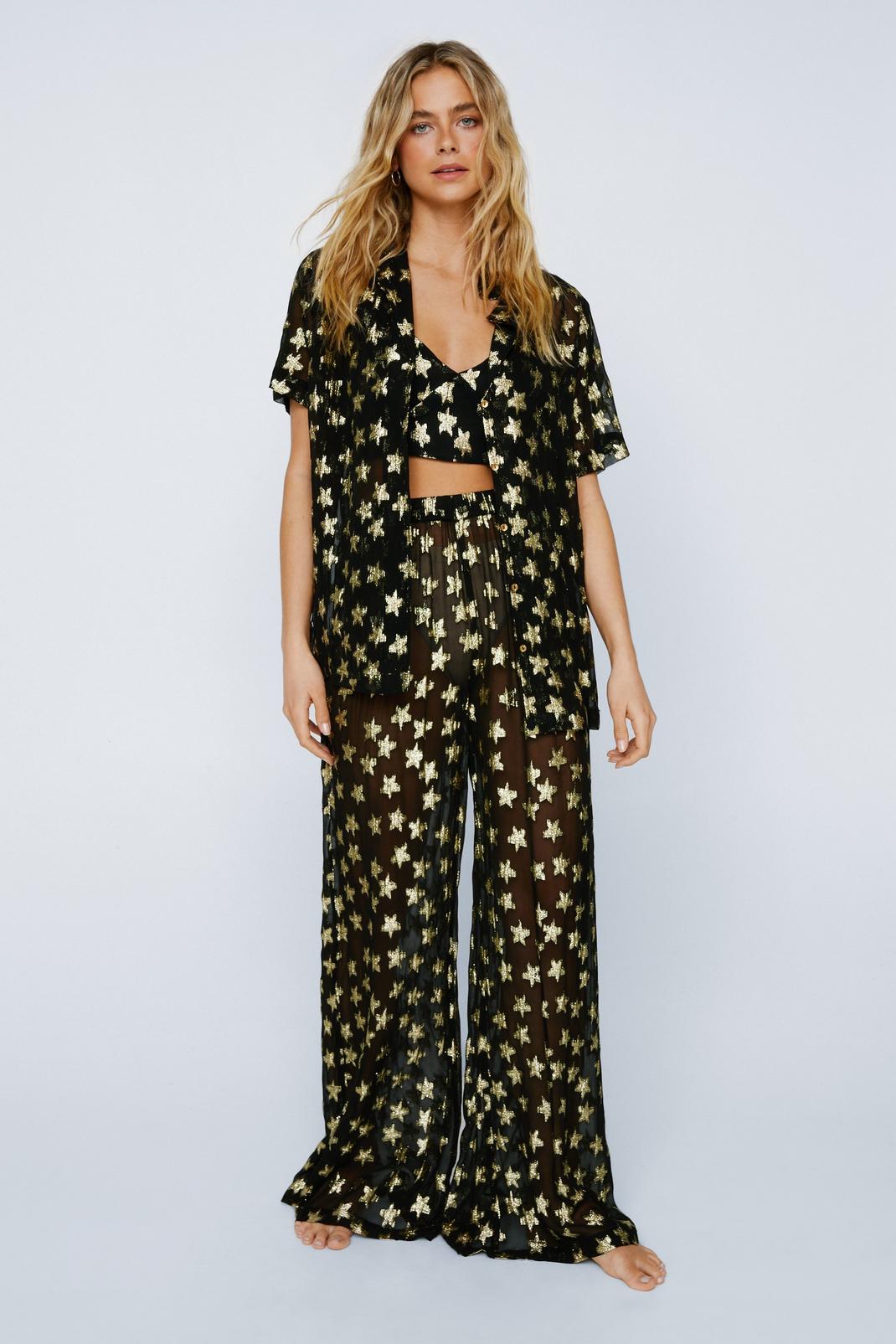 Black Jacquard Glitter Star Wide Leg Cover Up Trousers image number 1