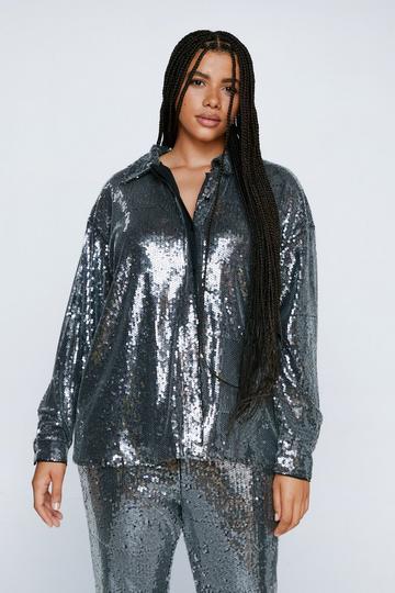 Black Plus Size Sheer Sequin Relaxed Fit Shirt