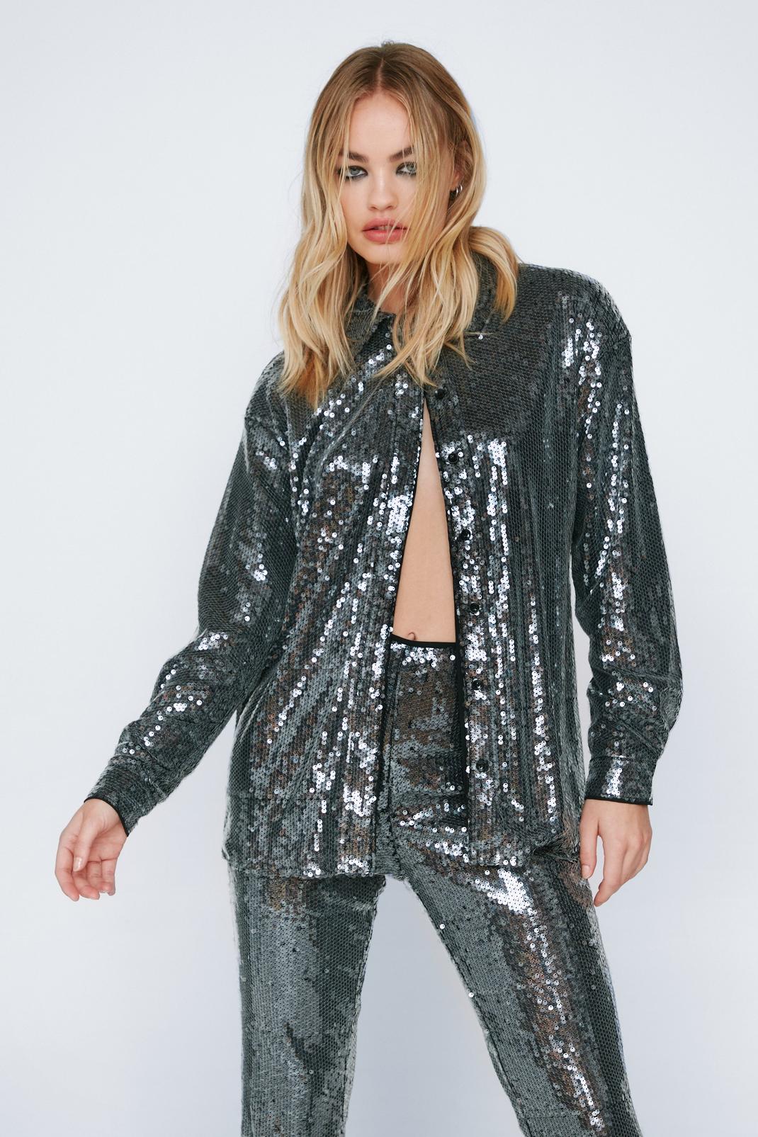 Black Sheer Sequin Relaxed Two Piece Shirt image number 1