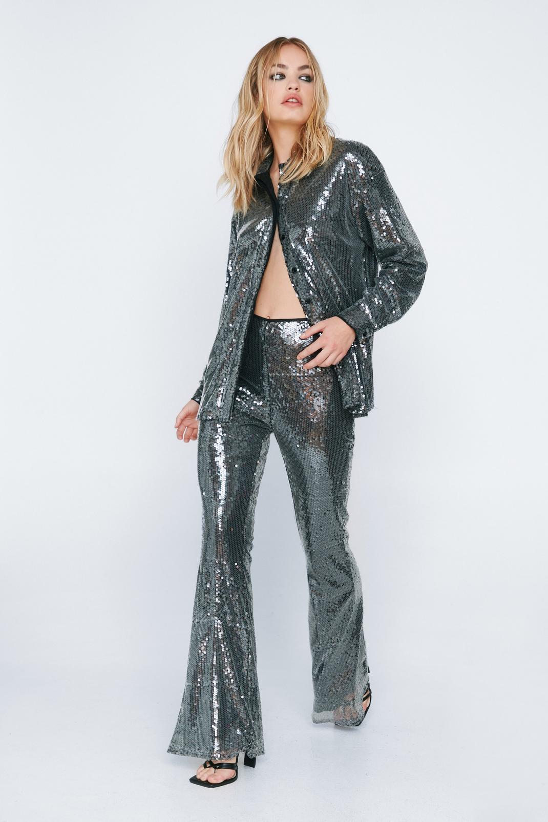 Black Sequin Flare Trousers image number 1