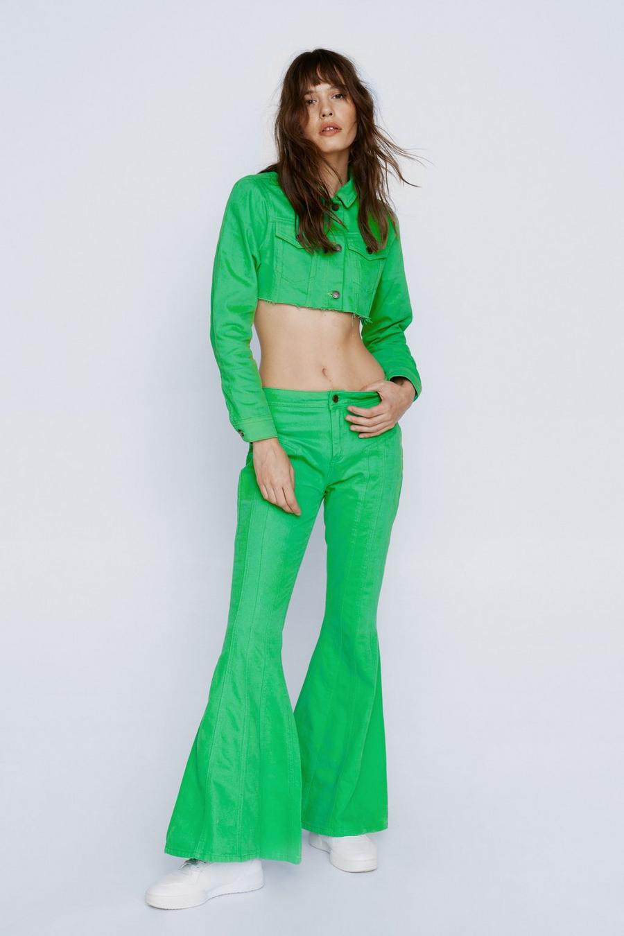 TOPSHOP Floral Mesh Seam Skinny Flare Trouser With Front Hem Splits in  Green