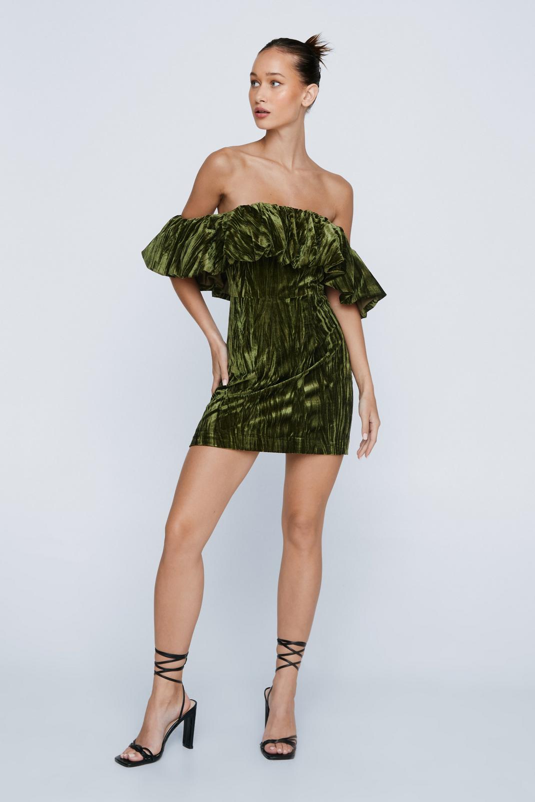 Olive Petite Velvet Frill Bardot Mini Dress image number 1
