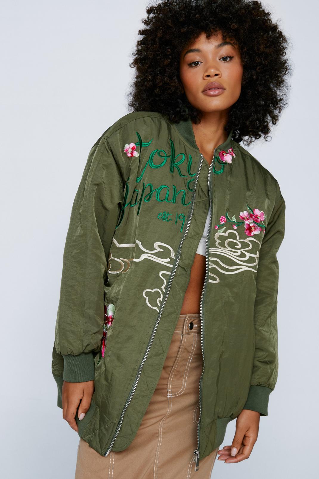 Khaki Embroidered Nylon Zip Through Bomber Jacket image number 1