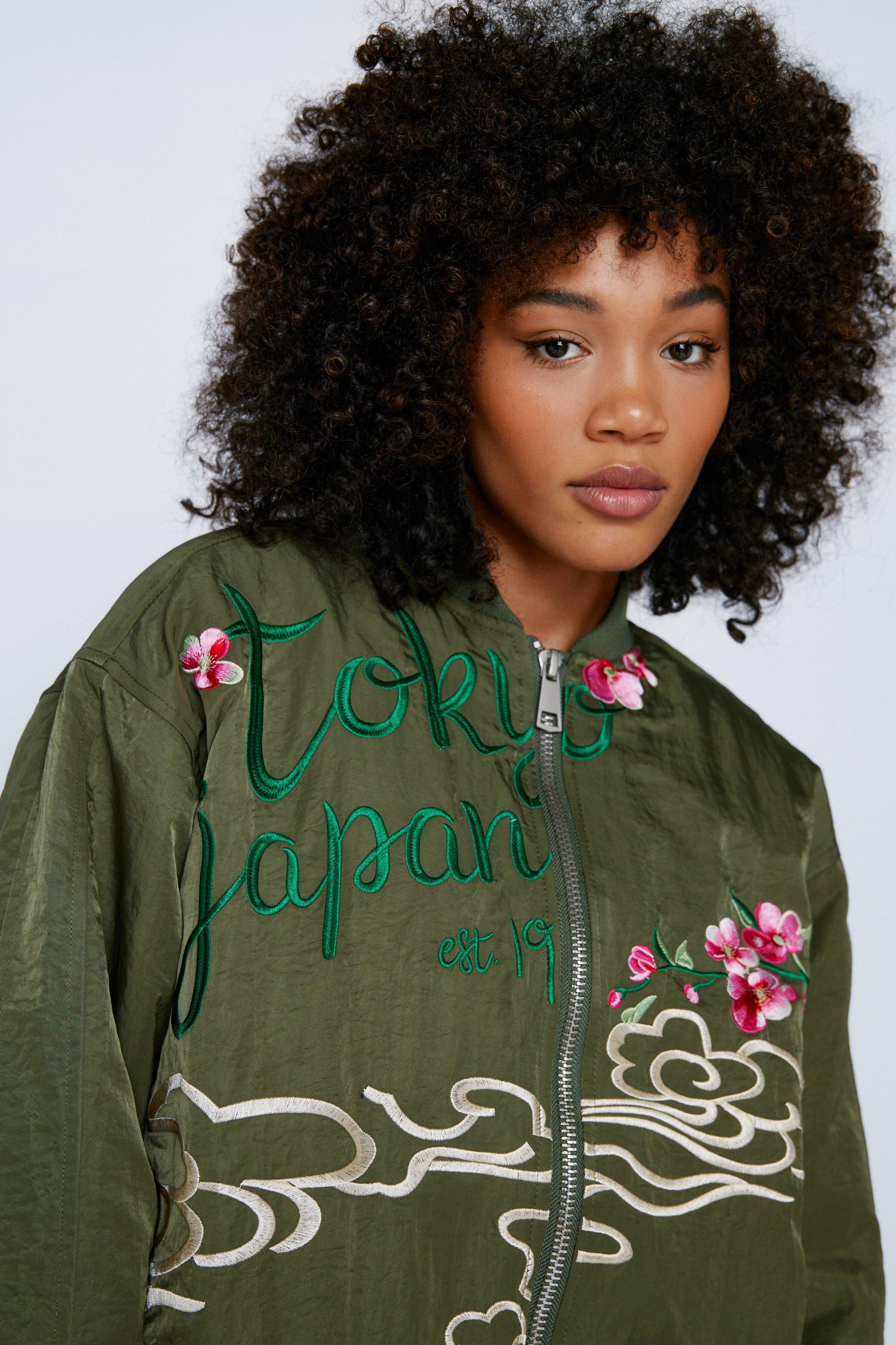 Embroidered Nylon Zip Through Bomber Jacket