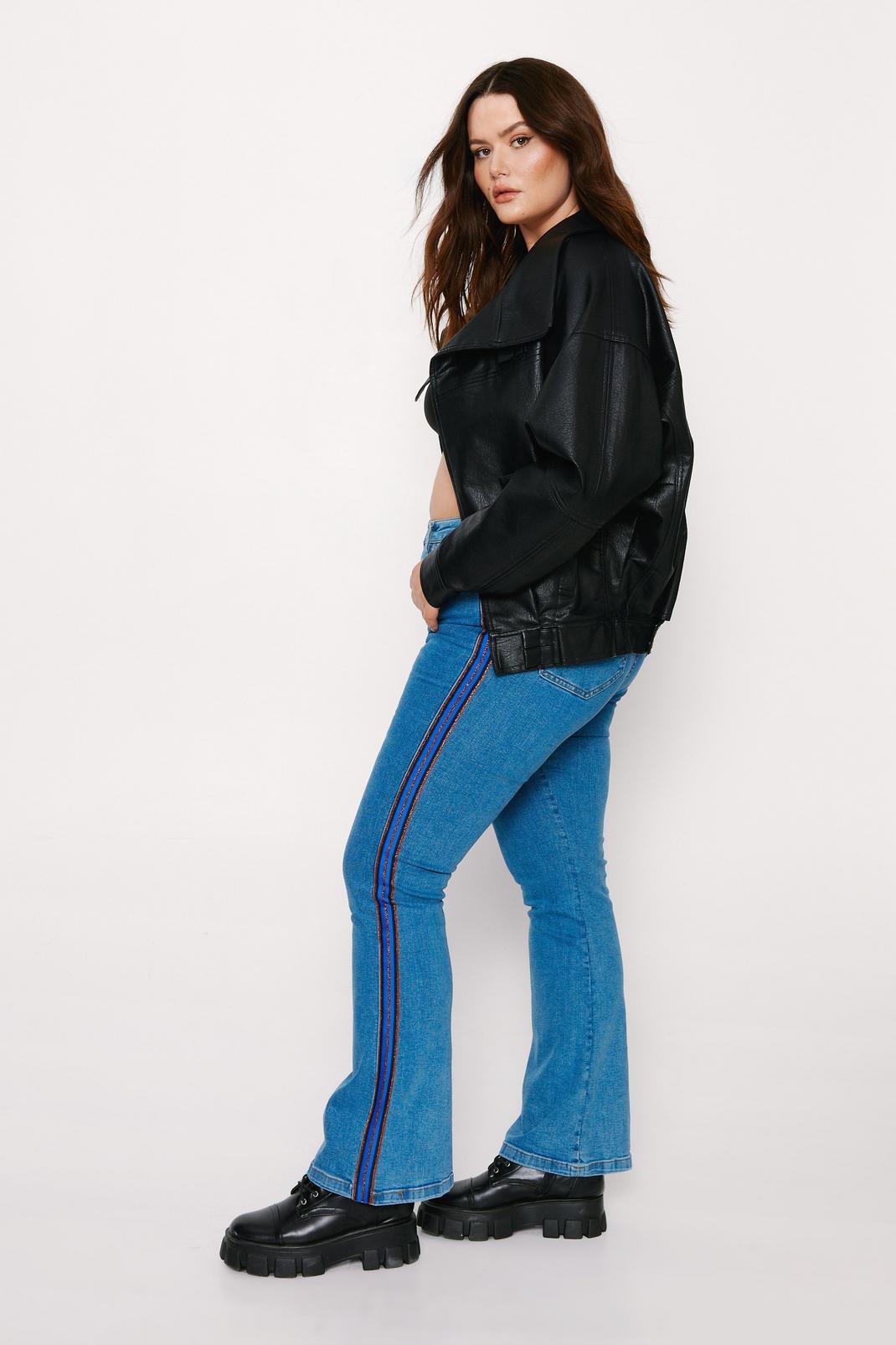 Mid blue Plus Size Metallic Stripe Seam Detail Denim Flare Jeans image number 1