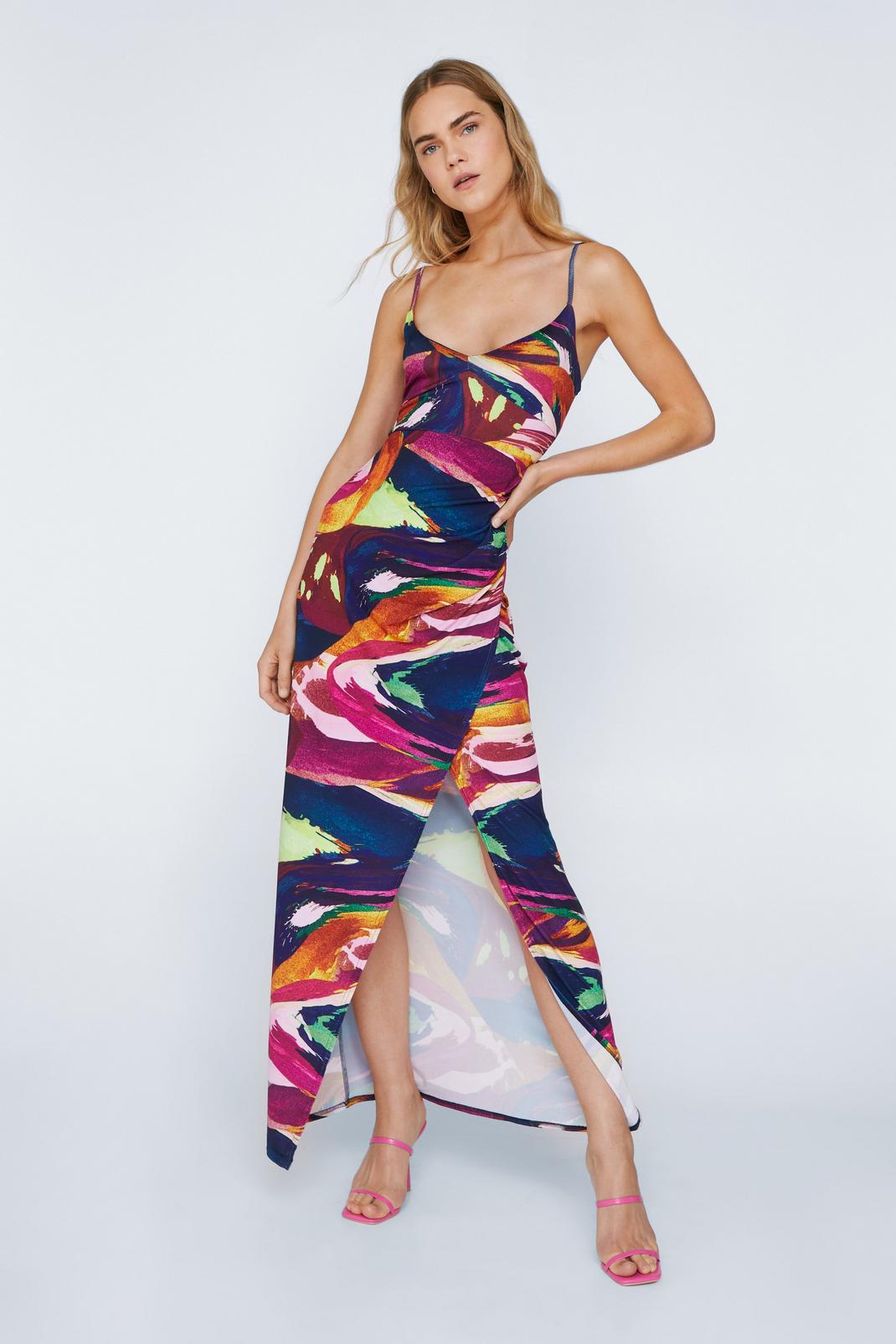 Multi Brushstroke Print Ruched Side Maxi Dress image number 1