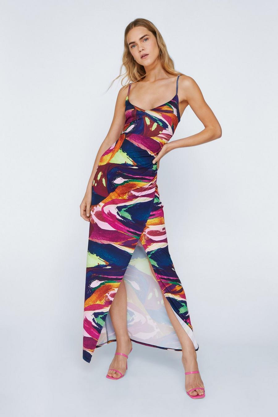 Brushstroke Print Ruched Side Maxi Dress