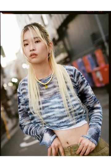 Blue Space Dye Ladder Knitted Cropped Sweater
