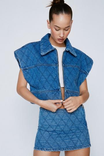 Blue Quilted Oversized Zip Through Denim Puffer Jacket