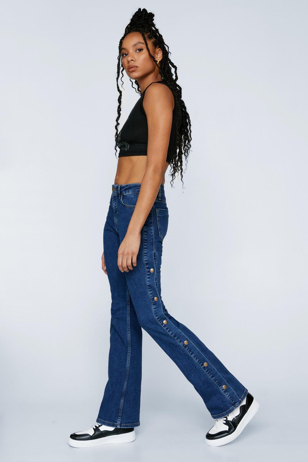 Mid blue Popper Side Stretch Denim Flared Trousers image number 1