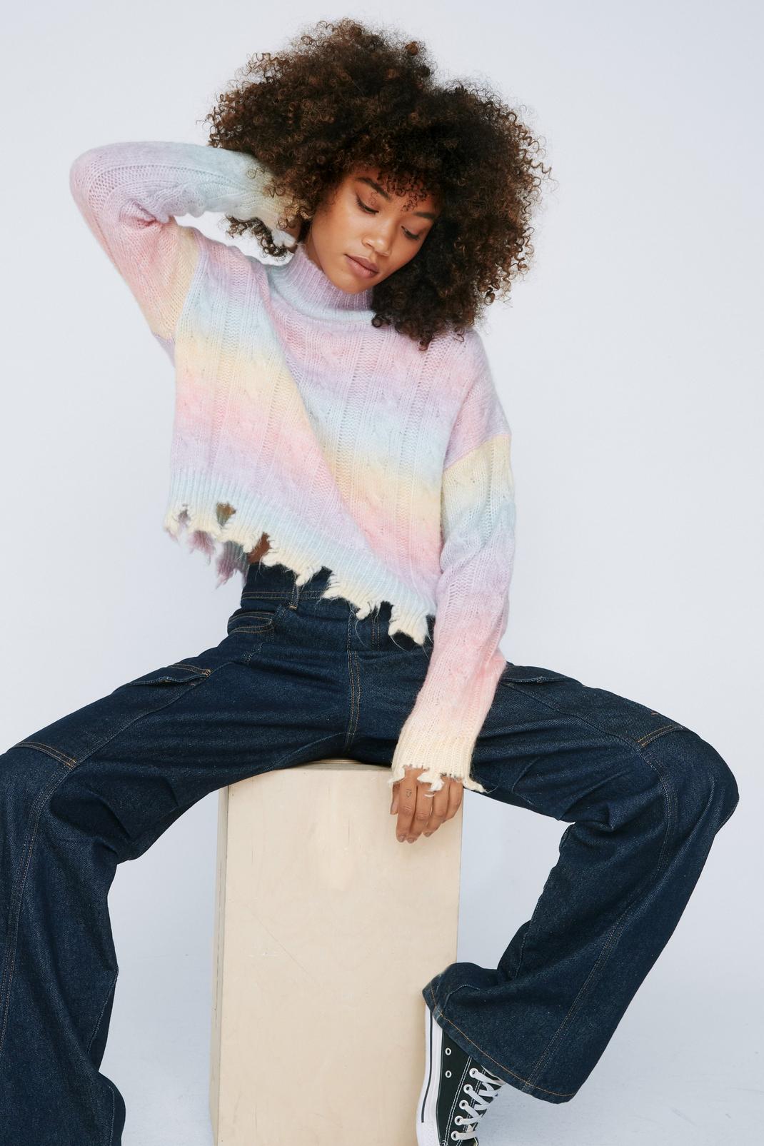 Multi Frayed Hem Ombre Cropped Sweater image number 1