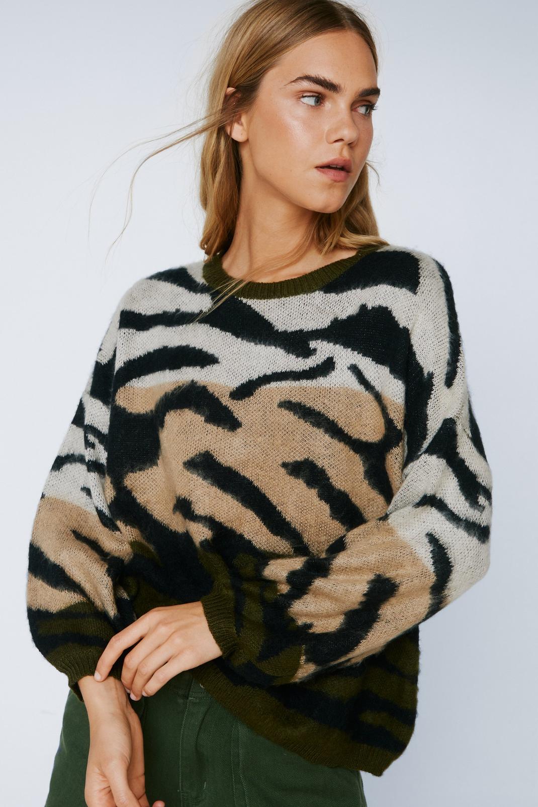 Khaki Animal Print Colorblock Oversized Sweater image number 1