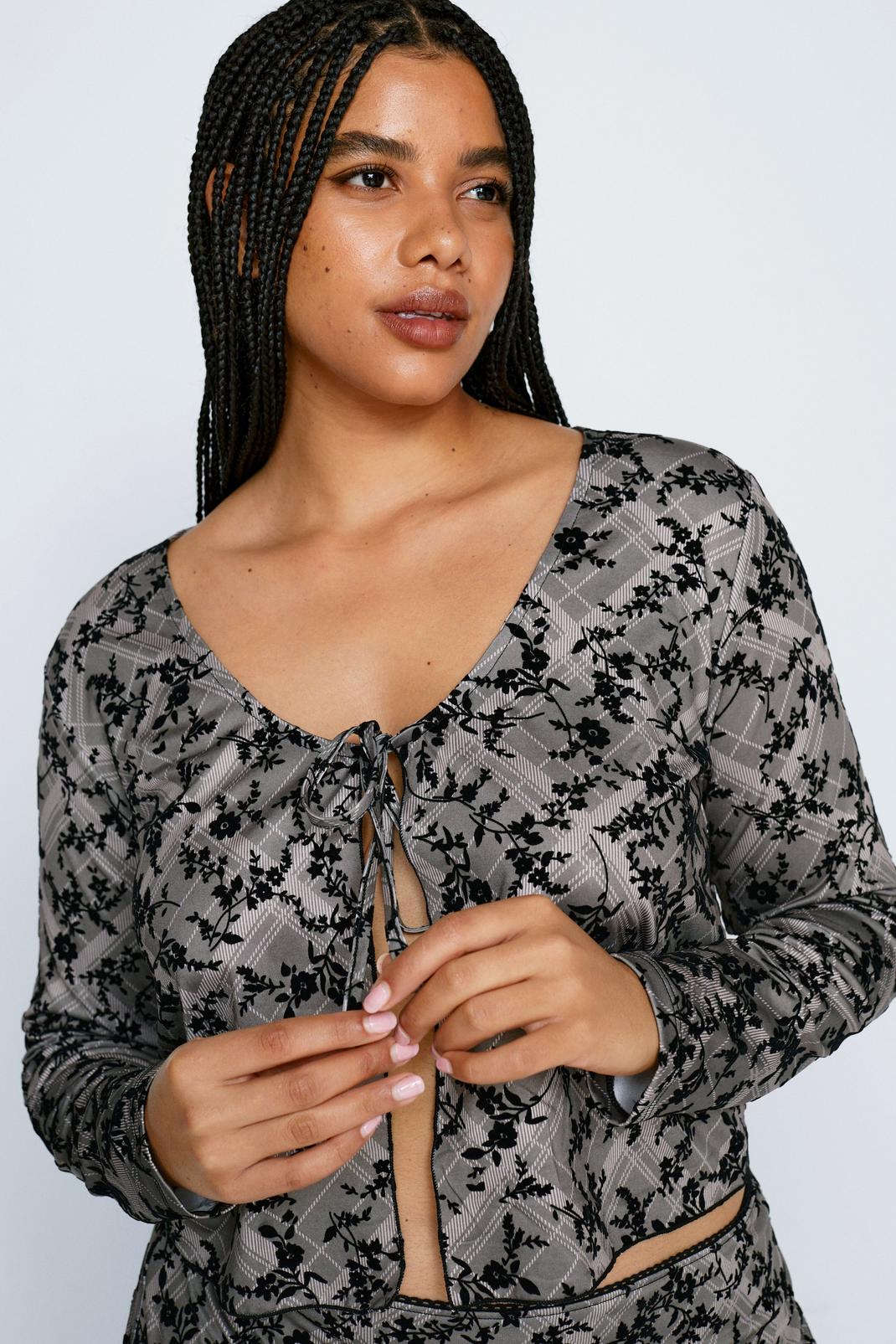 Plus Size Flocked Tie Front Long Sleeve Top image number 1