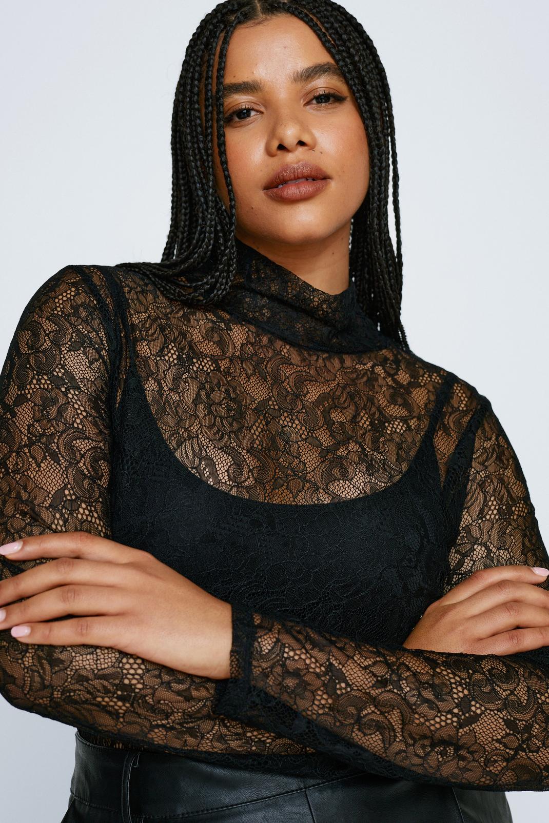Black Plus Size Funnel Neck Lace Long Sleeve Top image number 1