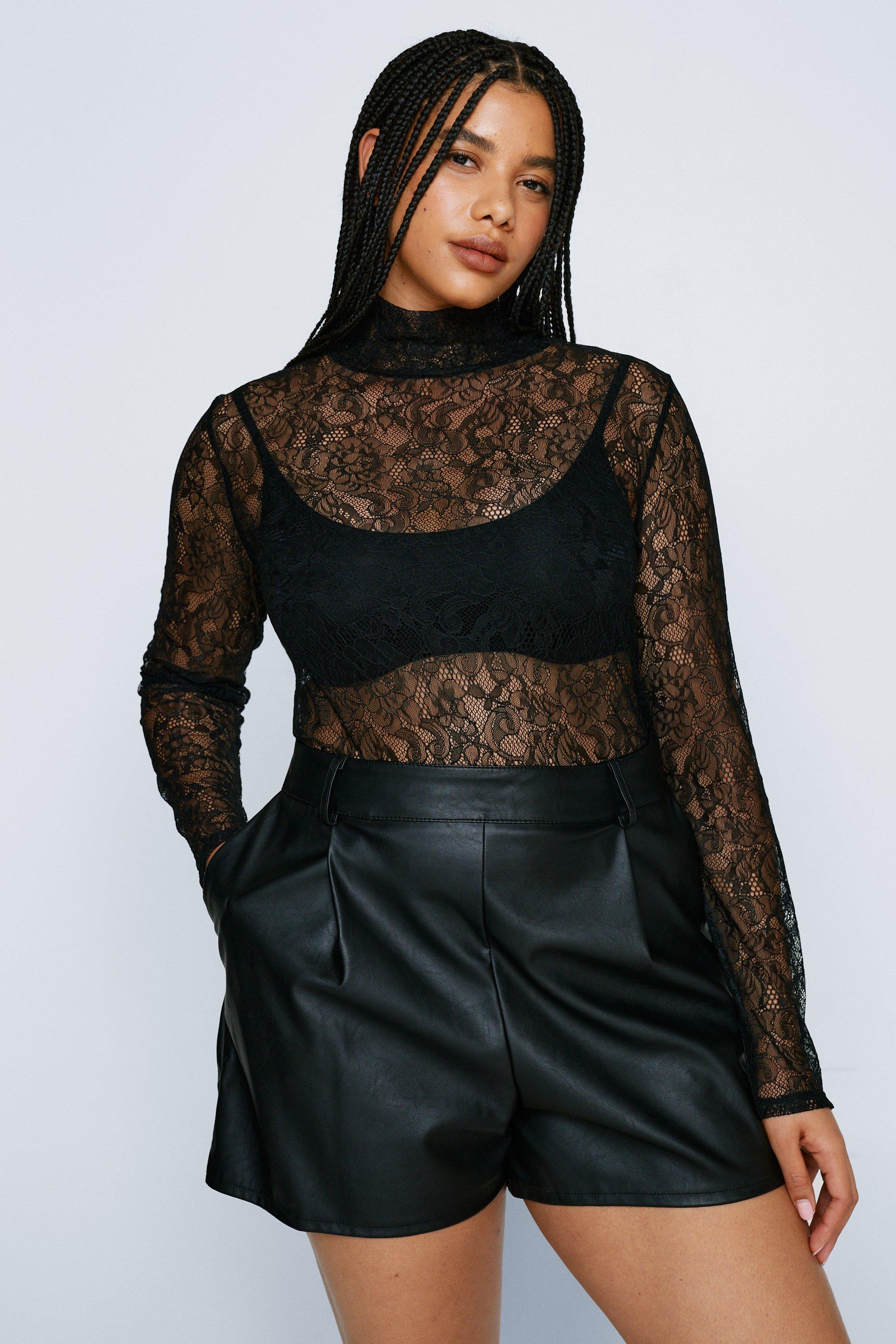 Black Lace Long Sleeve Funnel Neck Top