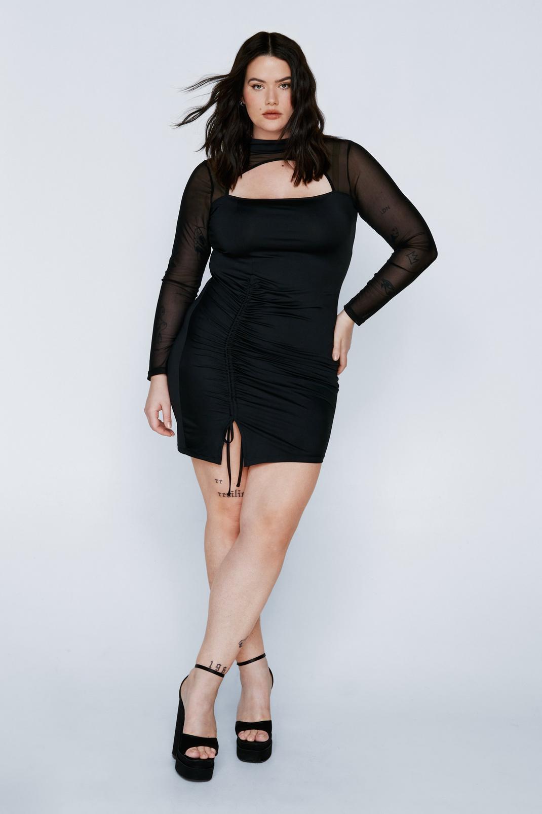 Black Plus Size Cut Out Detail Mesh Sleeved Midi Dress image number 1