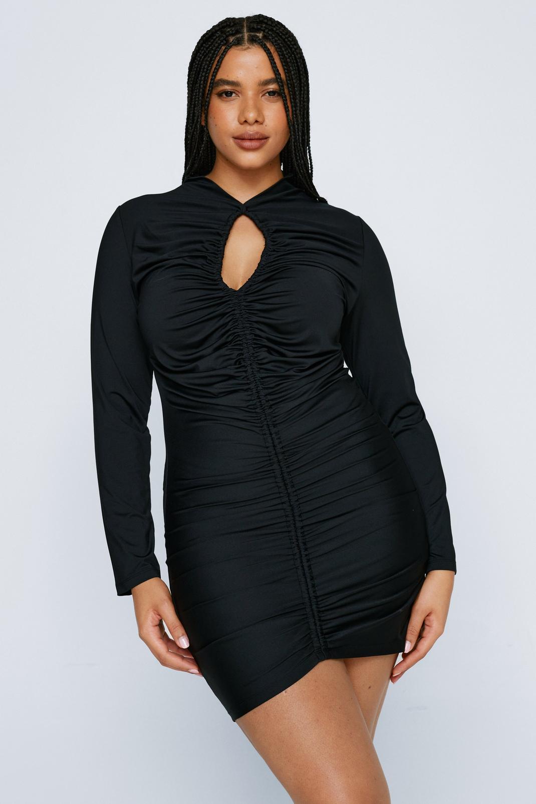Black Plus Cut Out Ruche Detail Long Sleeved Dress image number 1
