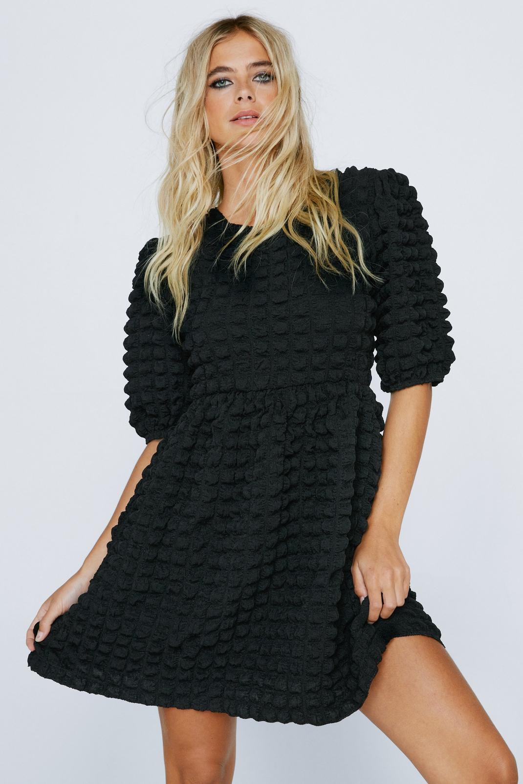Black Textured Mini Baby Doll Dress image number 1