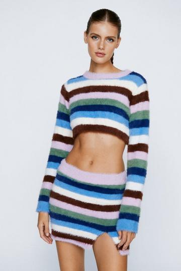 Blue Fluffy Stripe Knitted Mini Skirt