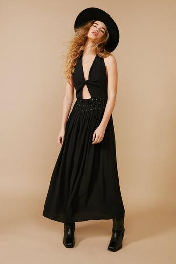 Black Halter Neck Studded Waist Maxi Dress