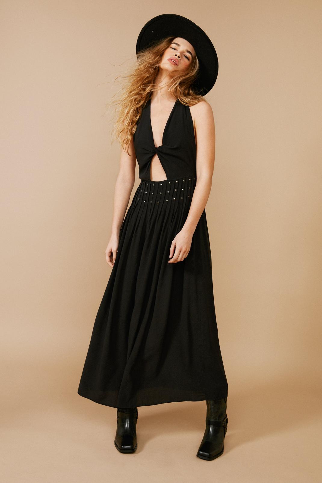 Black Halter Neck Studded Waist Maxi Dress image number 1