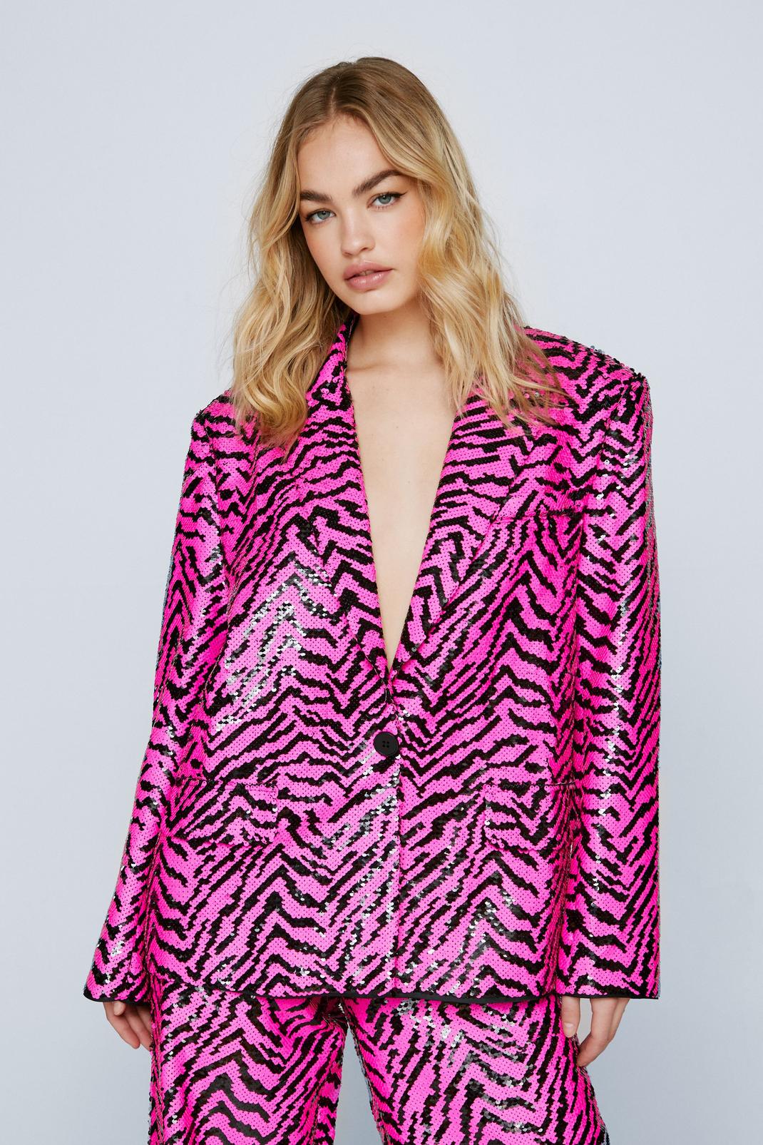 Blazer oversize à sequins premium imprimé zèbre, Pink image number 1