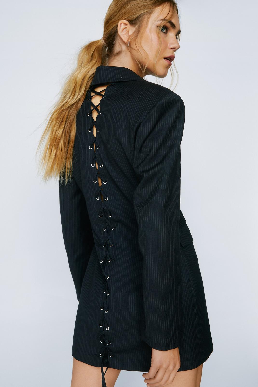 Navy Premium Lace Up Detail Pinstripe Blazer Dress image number 1