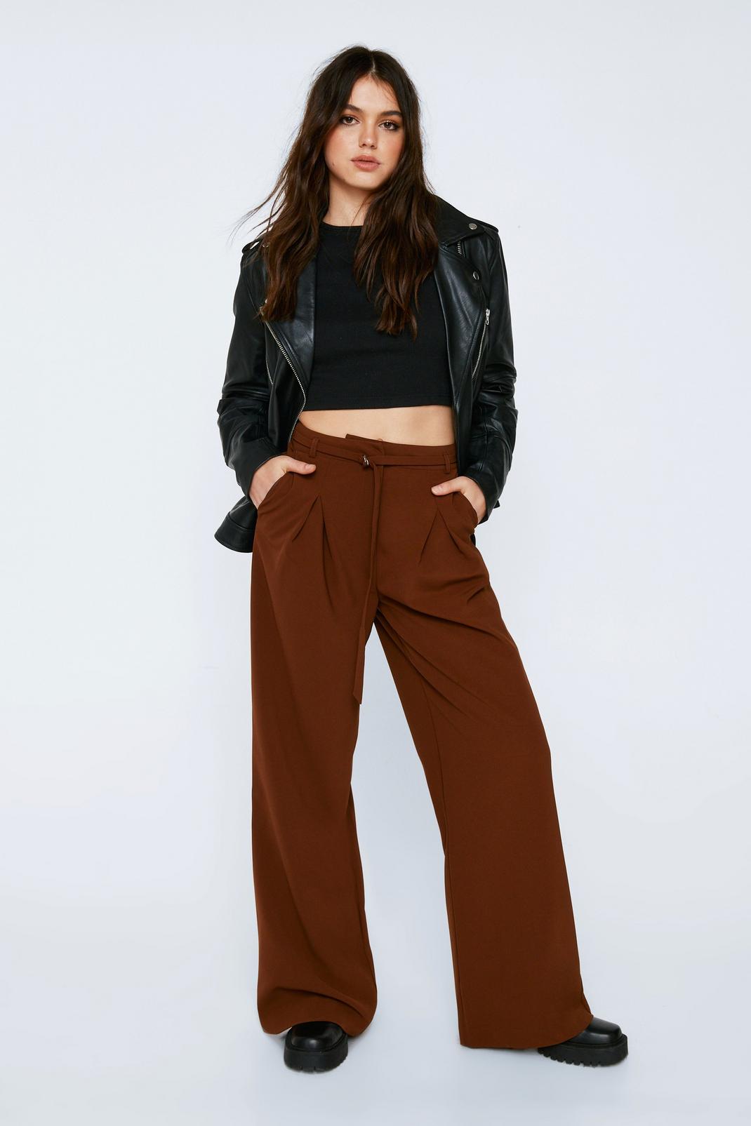 Chocolate Premium Tailored Belt Detail Wide Leg Trousers image number 1