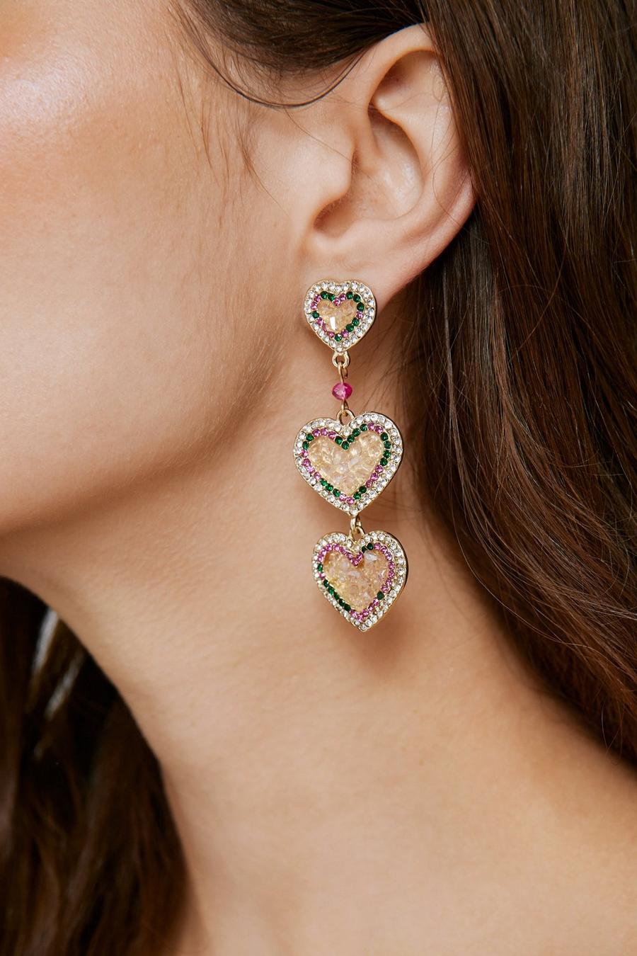 Embellished Diamante Drop Heart Earrings