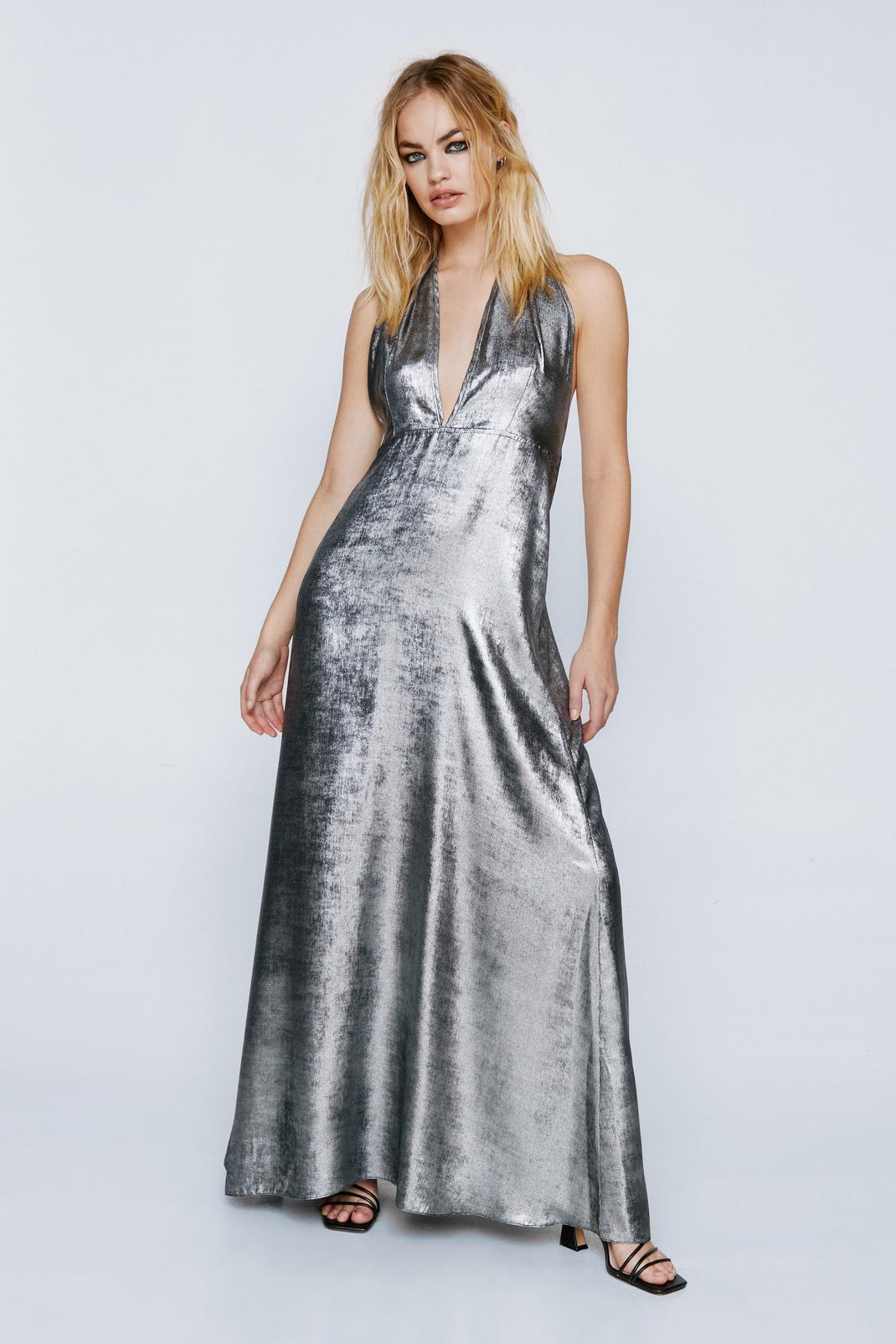 Silver Metallic Foiled Plunge Halter Maxi Dress image number 1