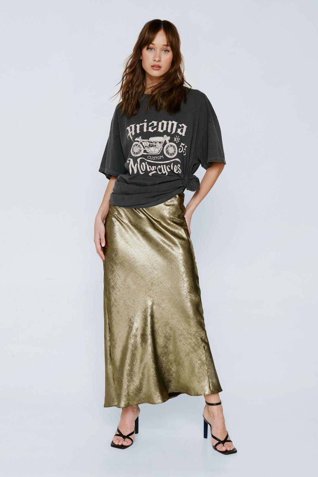 Gold Metallic Bias Flippy Midi Skirt image number 1