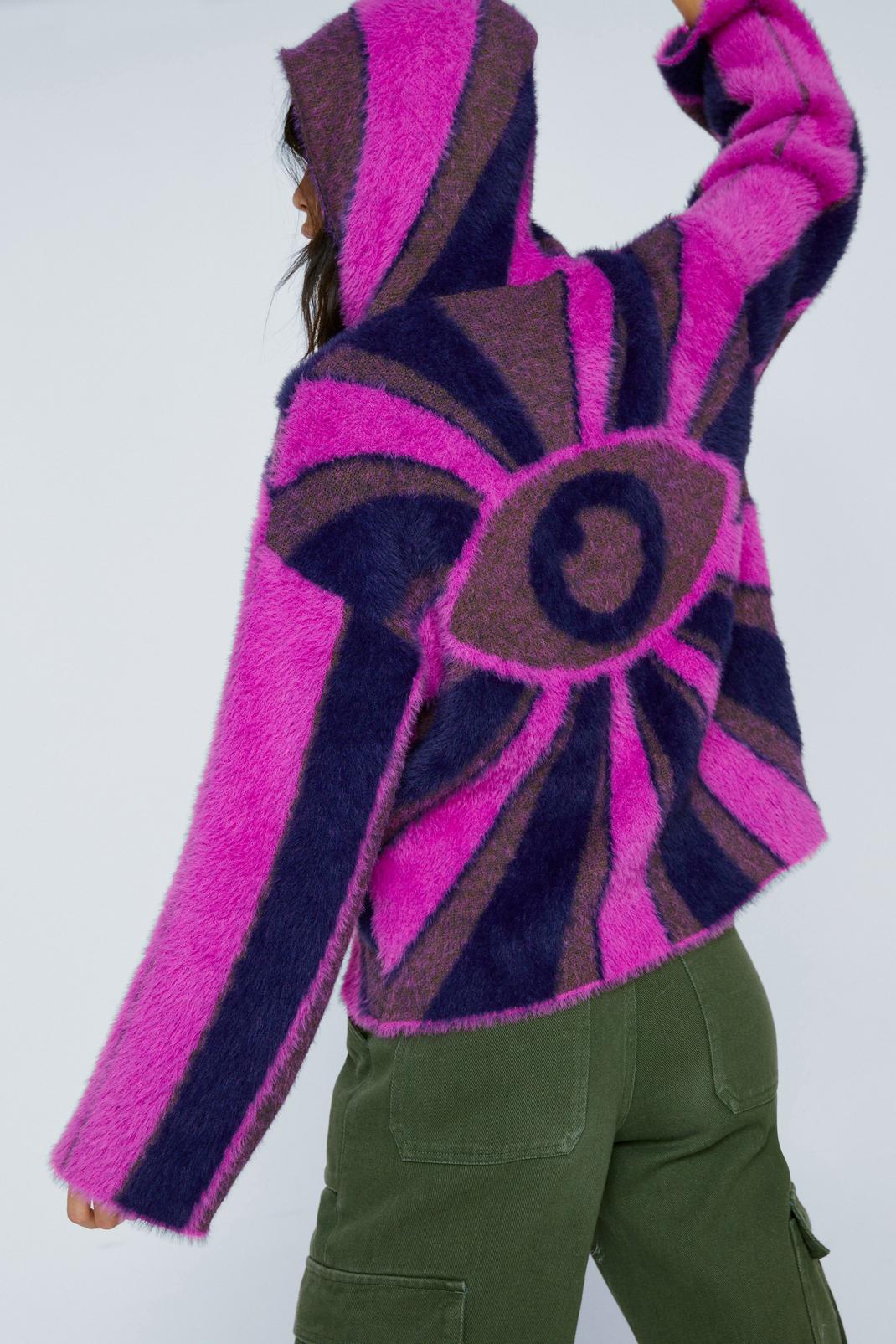 Purple Eye Graphic Textured Knit Hooded Sweater image number 1